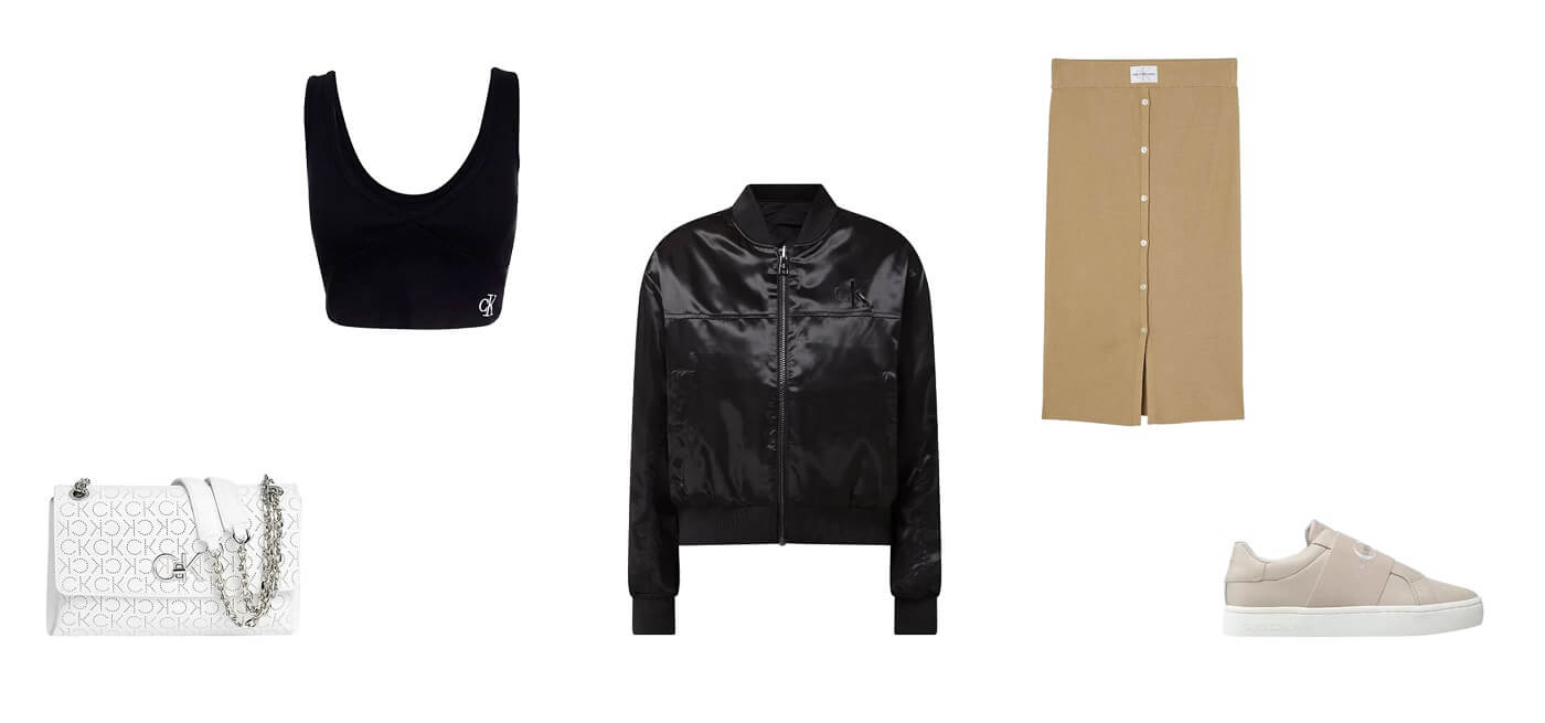 perforirana torba, rebrasti crni top, jakna sa dva lica, braon midi suknja, kožne patike