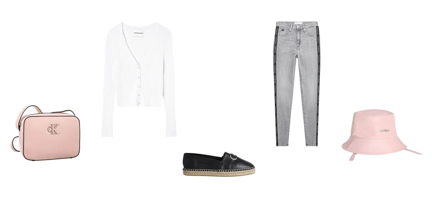 bebi roze torbica, beli džemper, kožne espadrile, skinny farmerke, roze kapa