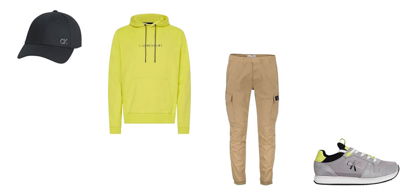 crni muški kačket, muški duks sa kapuljačom, muške cargo pantalone, sive muške patike