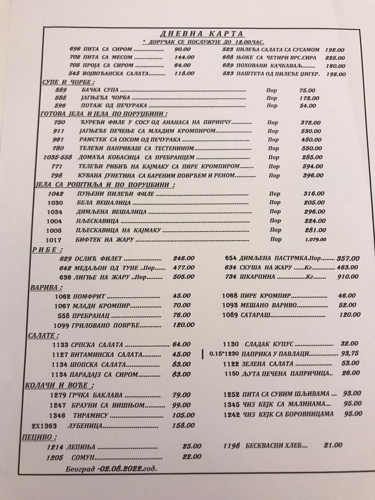 Aktuelni jelovnik, Skupština Srbije (BIZLife)