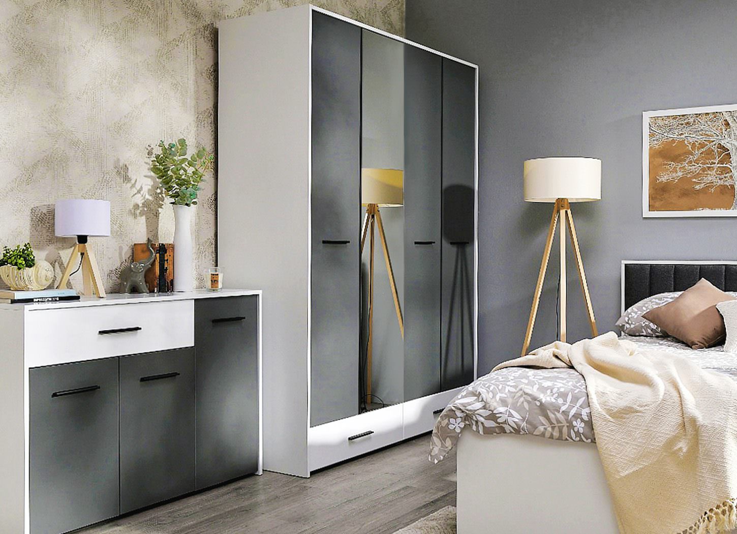 Spavaća soba sa belo-sivim elementima