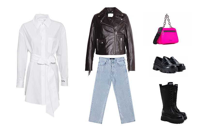 košulja kožna jakna farmerke mokasine čizme torba