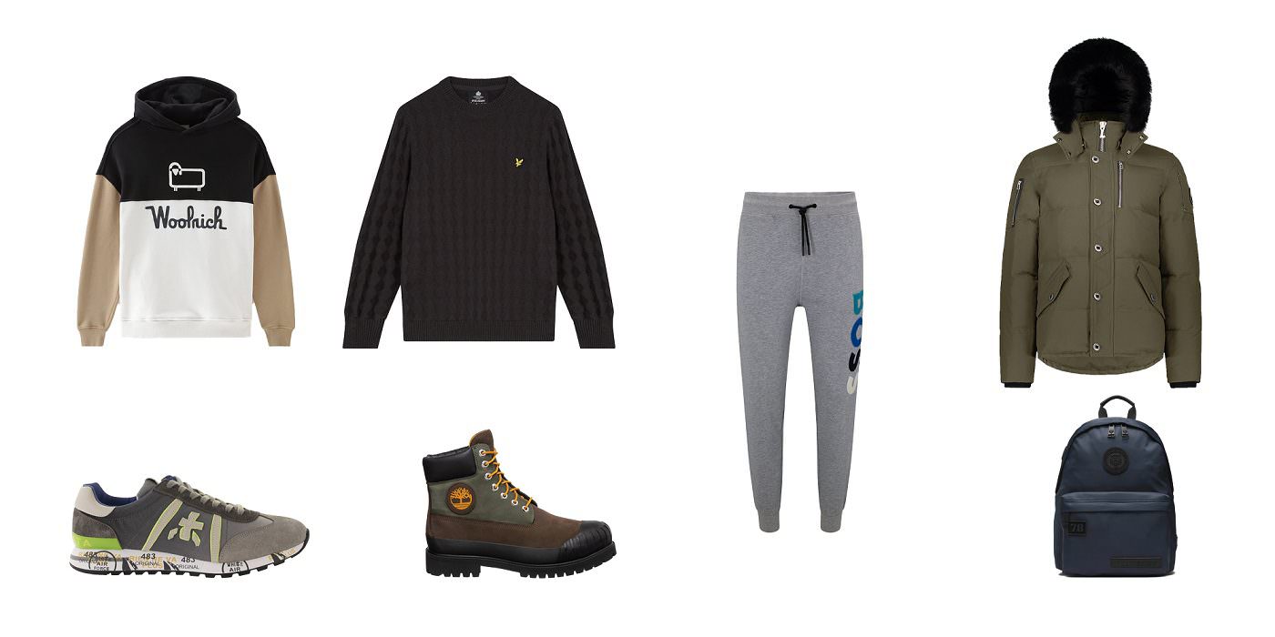 Lyle&Scott džemper,   BOSS donji deo trenerke,  Timberland čizme,  Moose Knuckles jakna,  Woolrich dukserica, Premiata patike,  Plein Sport ranac
