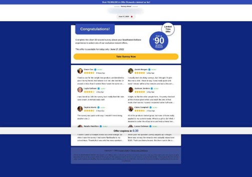 Primer lažne usluge avio-kompanije koja nudi popust za popunjavanje ankete