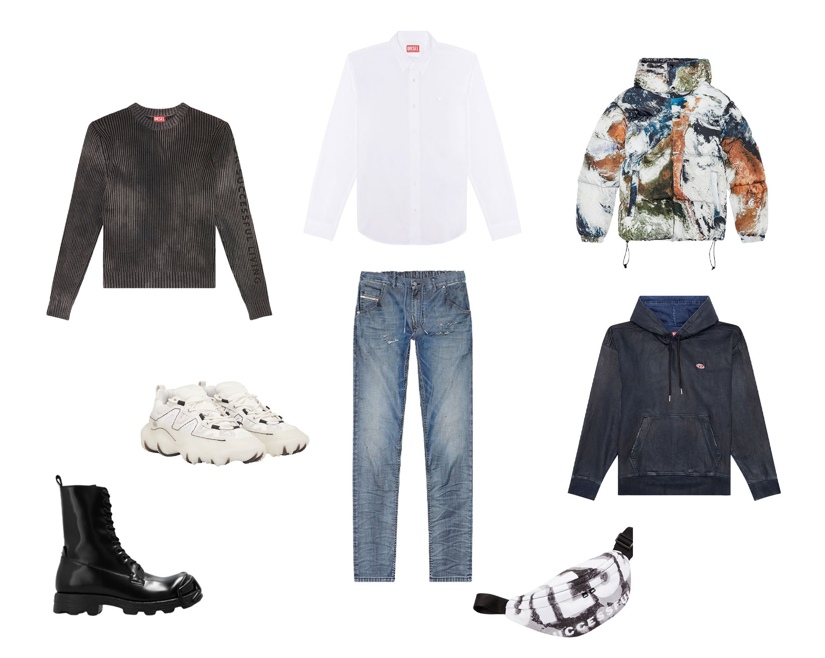 Bela košulja Krooley farmerke Jakna sa kapuljačom Denim duks Tamnosivi džemper Chunky patike Kožne čizme Logo torbica